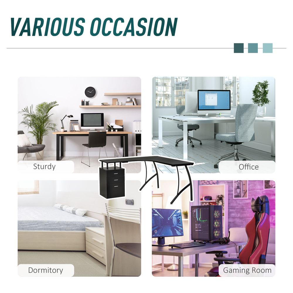 HOMCOM L-Shaped Computer Desk Table with Storage Drawer Home Office Corner Industrial Style Workstation for A4 Files 143.5 x 143.5 x 76cm, Black