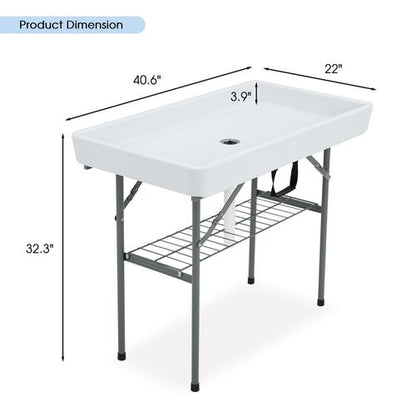 Ice Table with Drain, Folding Ice Cooler Drinks Table with Skirt, Ice Serving Buffet Bar for Party, BBQ, Camping, Garden, Folding Sink Fish/Food Cleaning Table