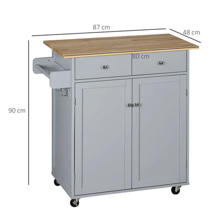 Rolling Kitchen Cart with Rubber Wood Top, Towel Rack, Hooks and Drawers Grey