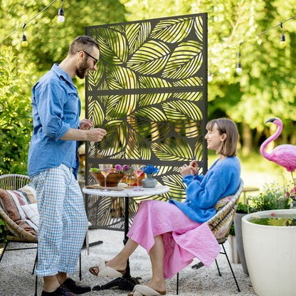 Outsunny 6.5FT Metal Outdoor Privacy Screen Panel with Stand, Leaf Style