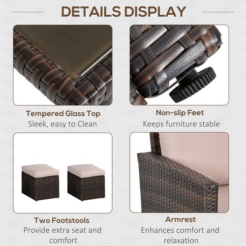 Outsunny 6 Pieces Outdoor PE Rattan Garden Furniture Set with Three-seat, Armchairs and Footstools, Patio Wicker Dining Sets w/Glass Top Dining Table, Soft Cushion, Mixed Brown