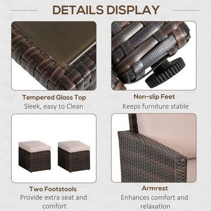 Outsunny 6 Pieces Outdoor PE Rattan Garden Furniture Set with Three-seat, Armchairs and Footstools, Patio Wicker Dining Sets w/Glass Top Dining Table, Soft Cushion, Mixed Brown