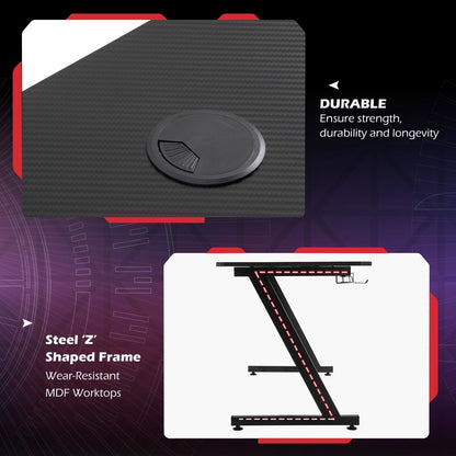 HOMCOM Gaming Desk Steel Frame with Cup Holder, Headphone Hook, Adjustable Feet and Cable Organiser, Home Office Computer Table, Black, Modern, 120 x 65 cm