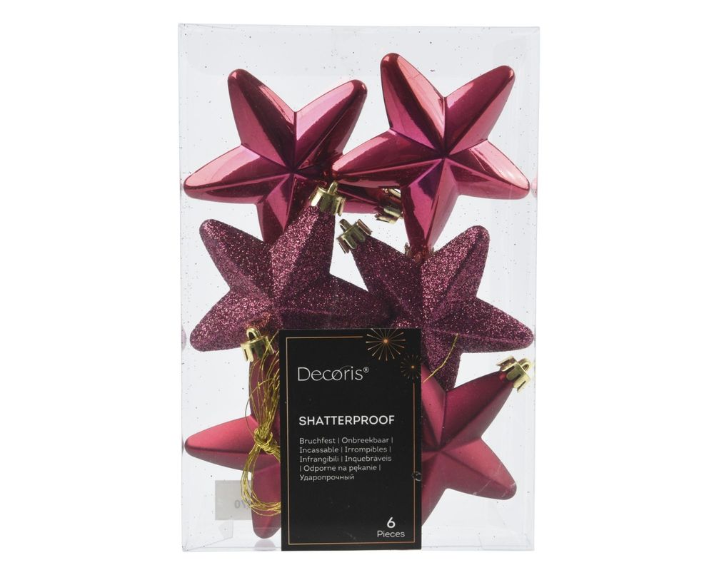 Shatterproof Pink Pomegrante Star 7cm Mix Pack of 6  - Christmas
