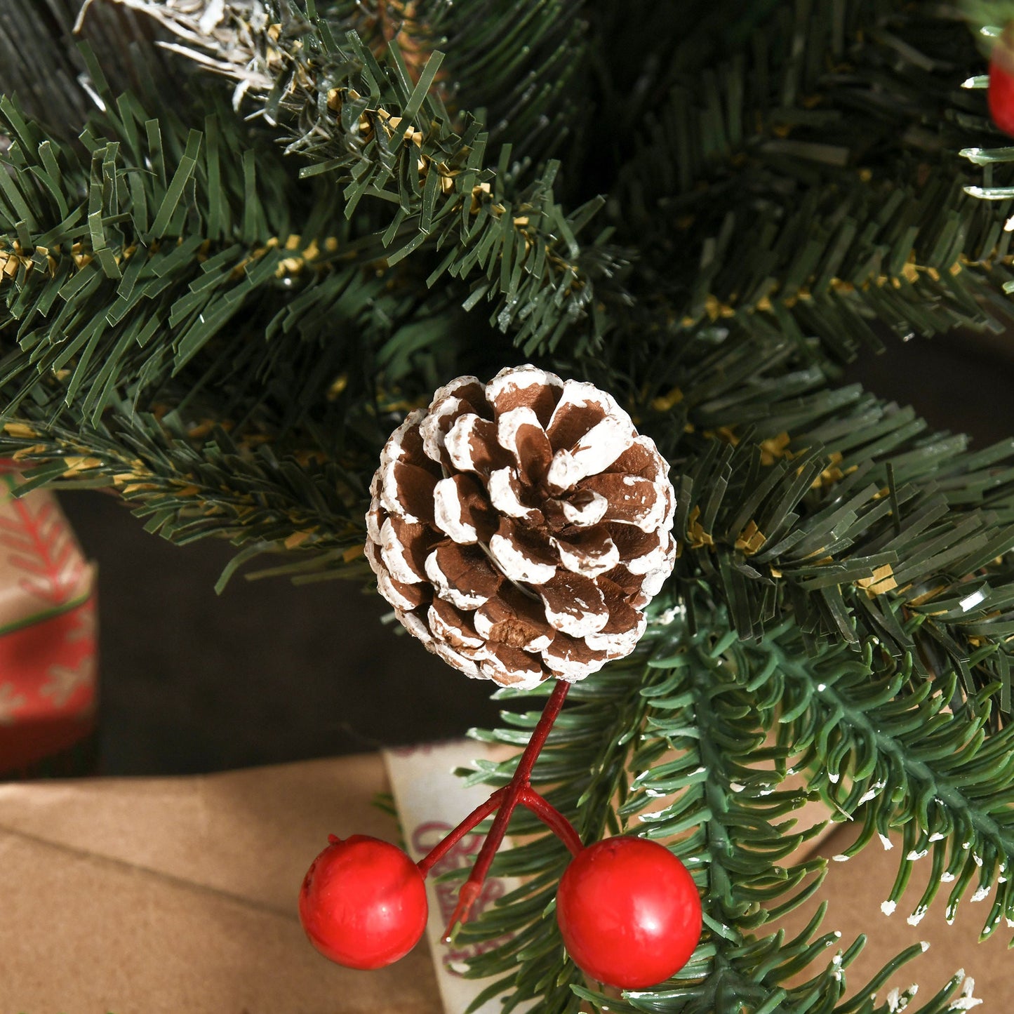 4FT Artificial Snow Dipped Christmas Tree Xmas Pencil Tree with Foldable Feet Red Berries White Pinecones