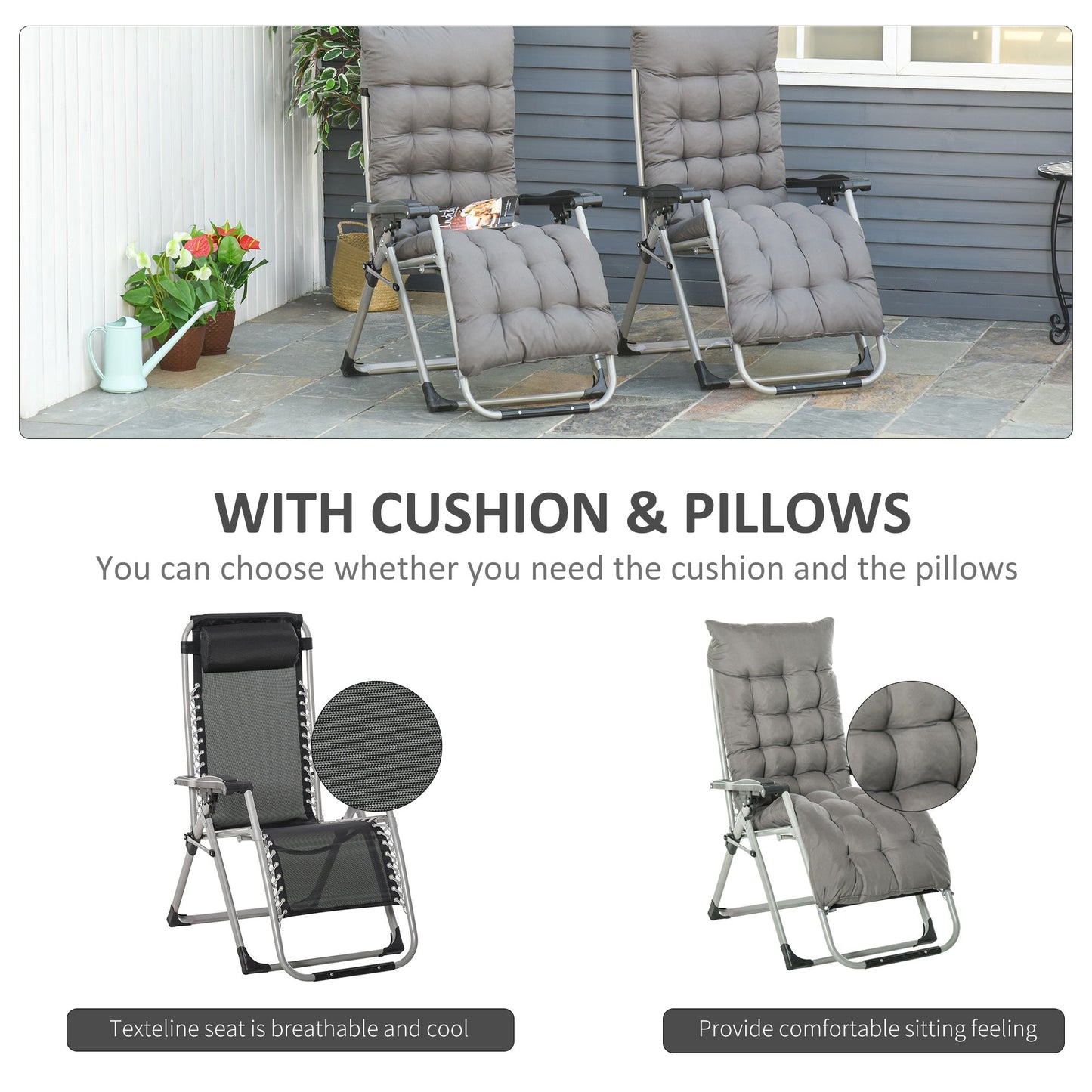 Reclining 2-Piece Zero Gravity Chair Folding Garden Sun Lounger Cushion Headrest