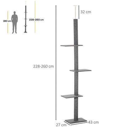 PawHut 260cm Floor To Ceiling Cat Tree Activity Center w/3 Perches Kitten Grey