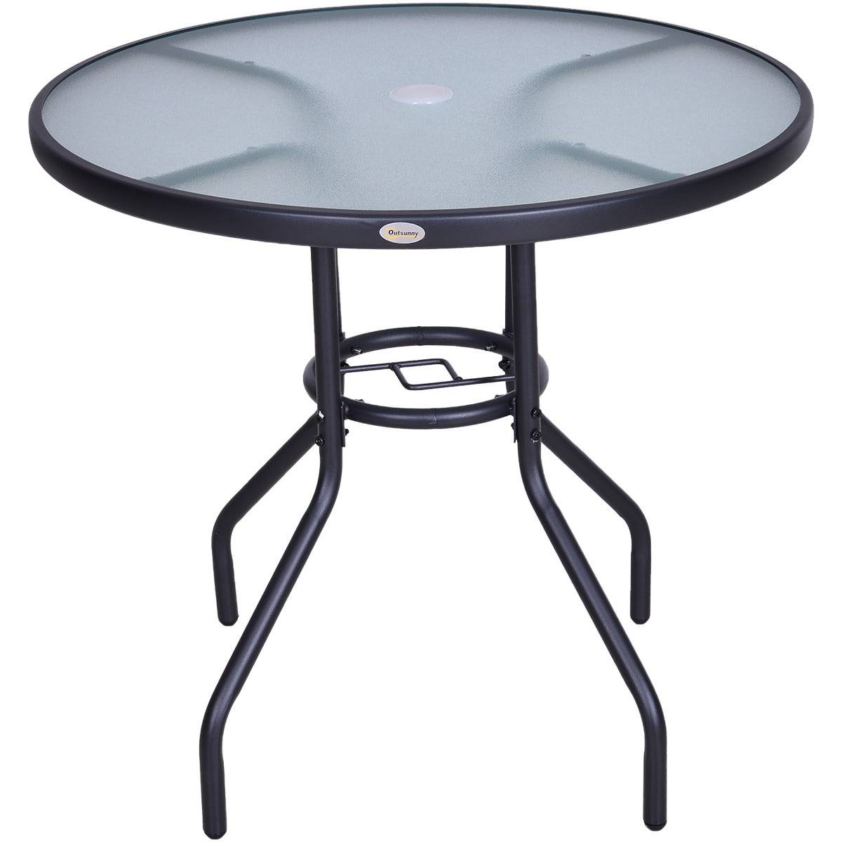Outdoor 80cm Round Dining Table Tempered Glass Top Steel Frame Bistro Coffee End Side Table Garden w/ Parasol Hole