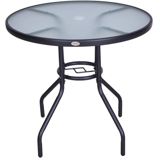 Outdoor 80cm Round Dining Table Tempered Glass Top Steel Frame Bistro Coffee End Side Table Garden w/ Parasol Hole