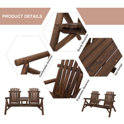 Solid Wood Patio Chair Bench 2 Seat Jack and Jill Seat w/ Center Coffee Table