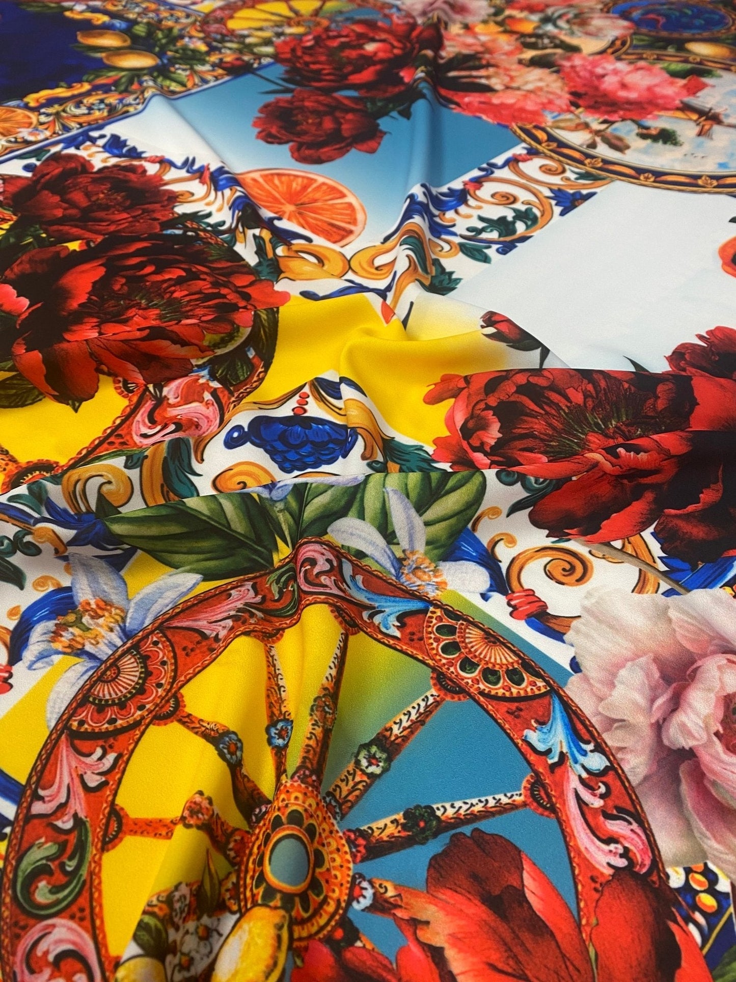 Vibrant Floral & Tile Print Crepe Fabric by the Metre