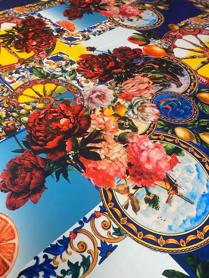 Vibrant Floral & Tile Print Crepe Fabric by the Metre