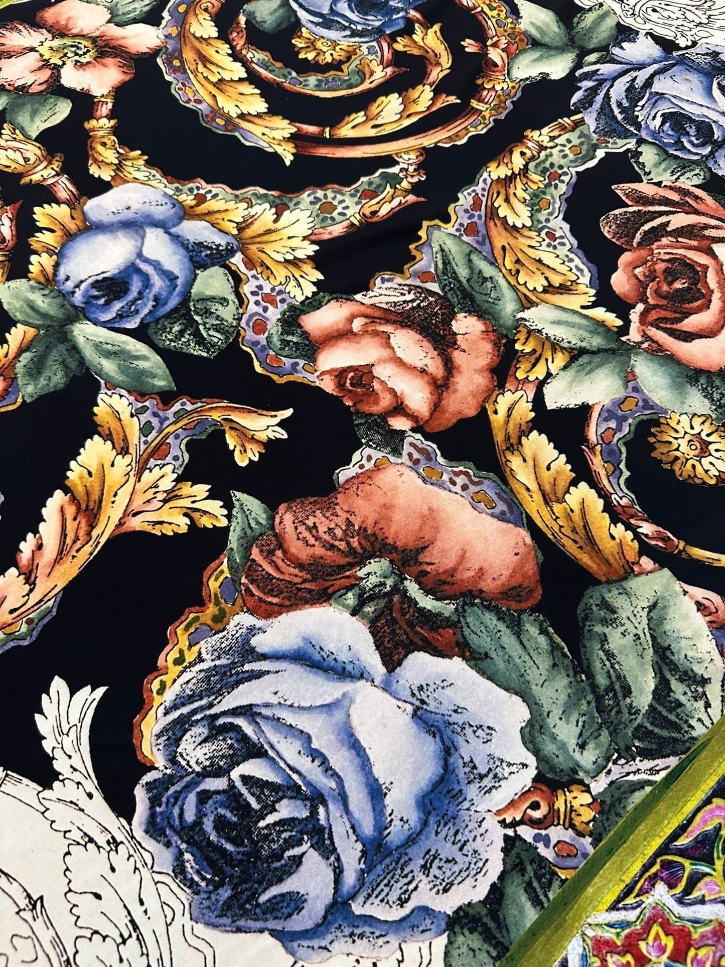 Vintage Baroque Floral Fabric – Fabric by Metre, Options: Satin, Crepe, Spandex, Chiffon