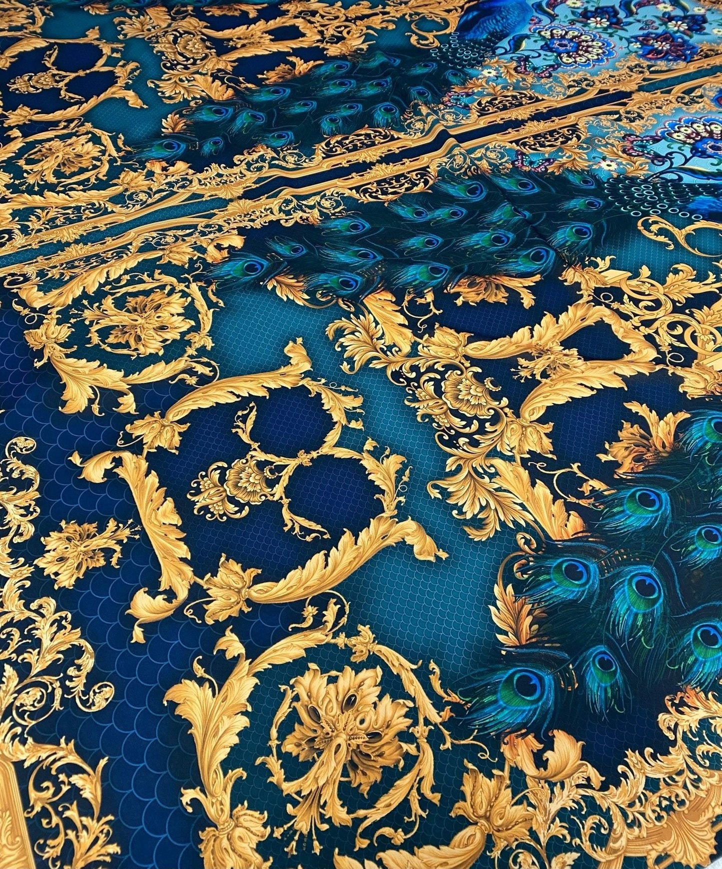 Vintage Peacock Pattern Fabric – Available in Satin, Crepe, Spandex & Chiffon | By Metre