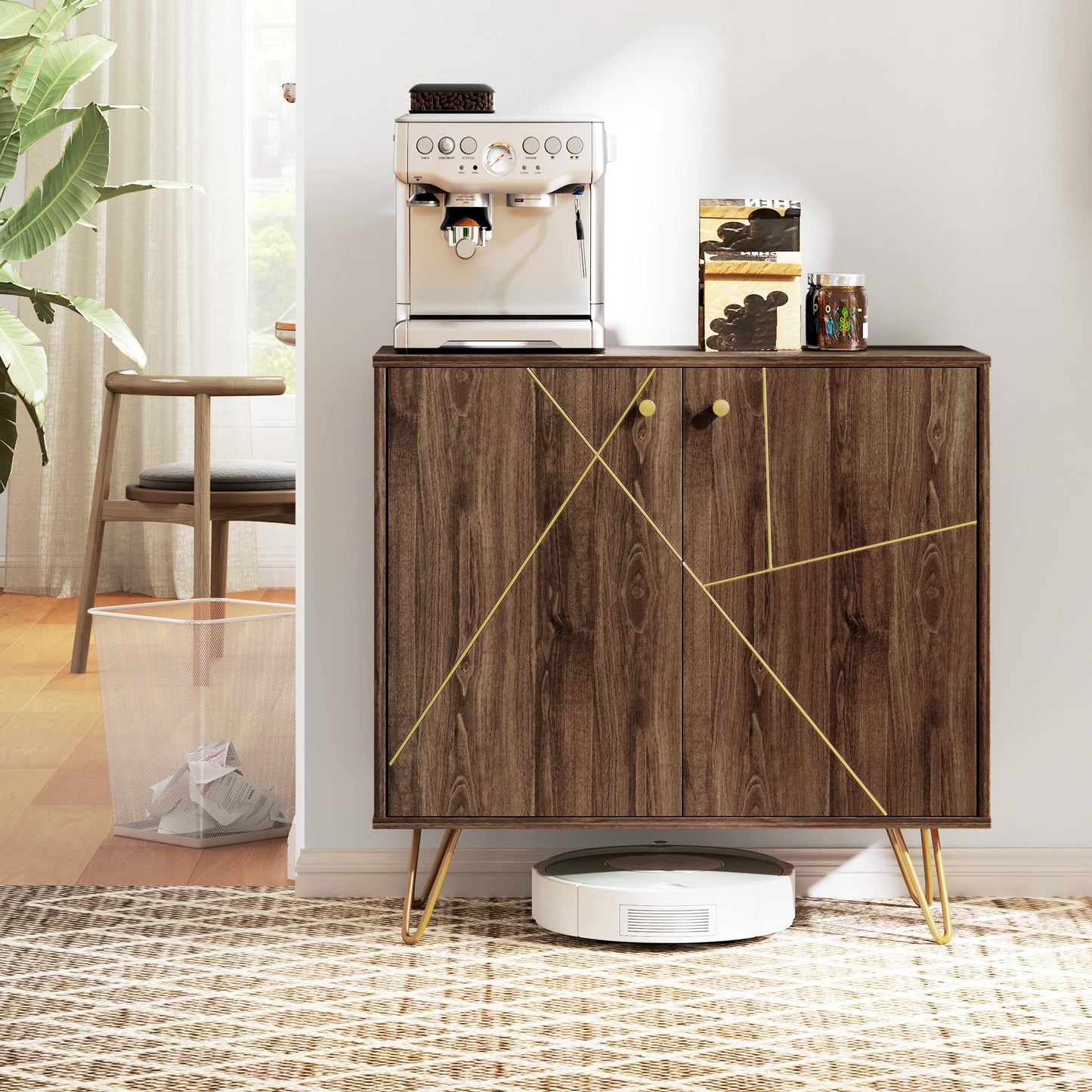 HOMCOM Sideboard Storage Cabinet with Luxurious Steel Lines Steel Legs Brown