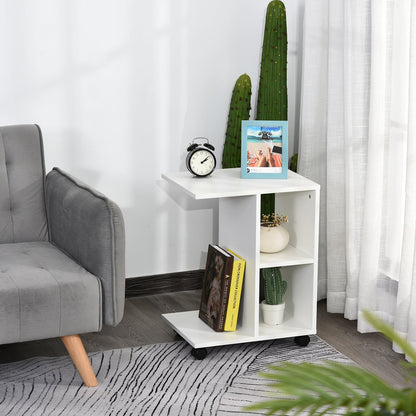 C Shape End Table Unique Storage Unit W 2 Shelves 4 Wheels Freestanding Home Office Furniture Cabinet Square Studio White