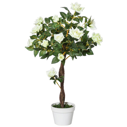 Outsunny 90cm/3Ft Artificial Rose Tree Fake Decorative Plant W/ 21 Flowers Pot Indoor Outdoor Faux Decoration Home Office Dcor White & Green