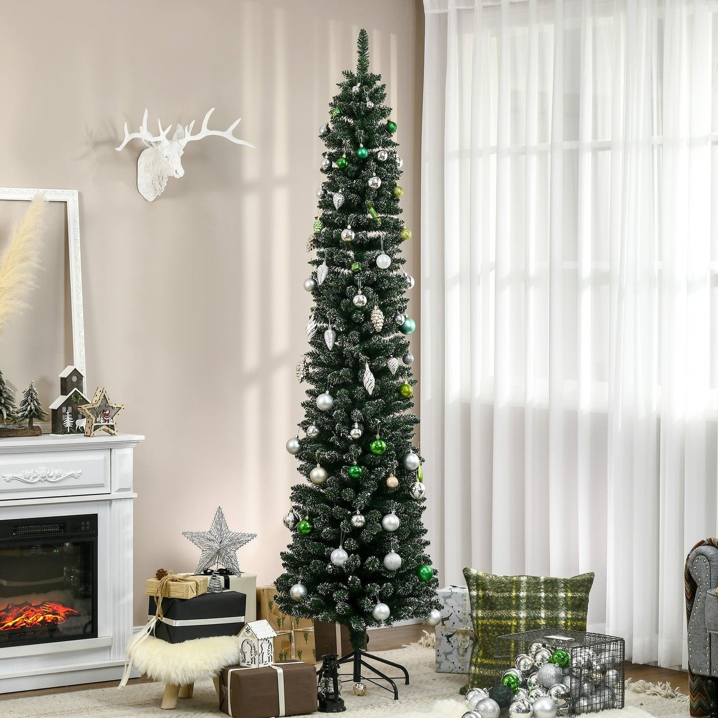 7.5FT Artificial Snow Dipped Christmas Tree Xmas Pencil Tree Holiday Home Indoor Decoration with Foldable Black Stand