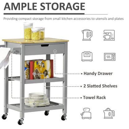 Kitchen Trolley Utility Cart on Wheels with Rubberwood Worktop