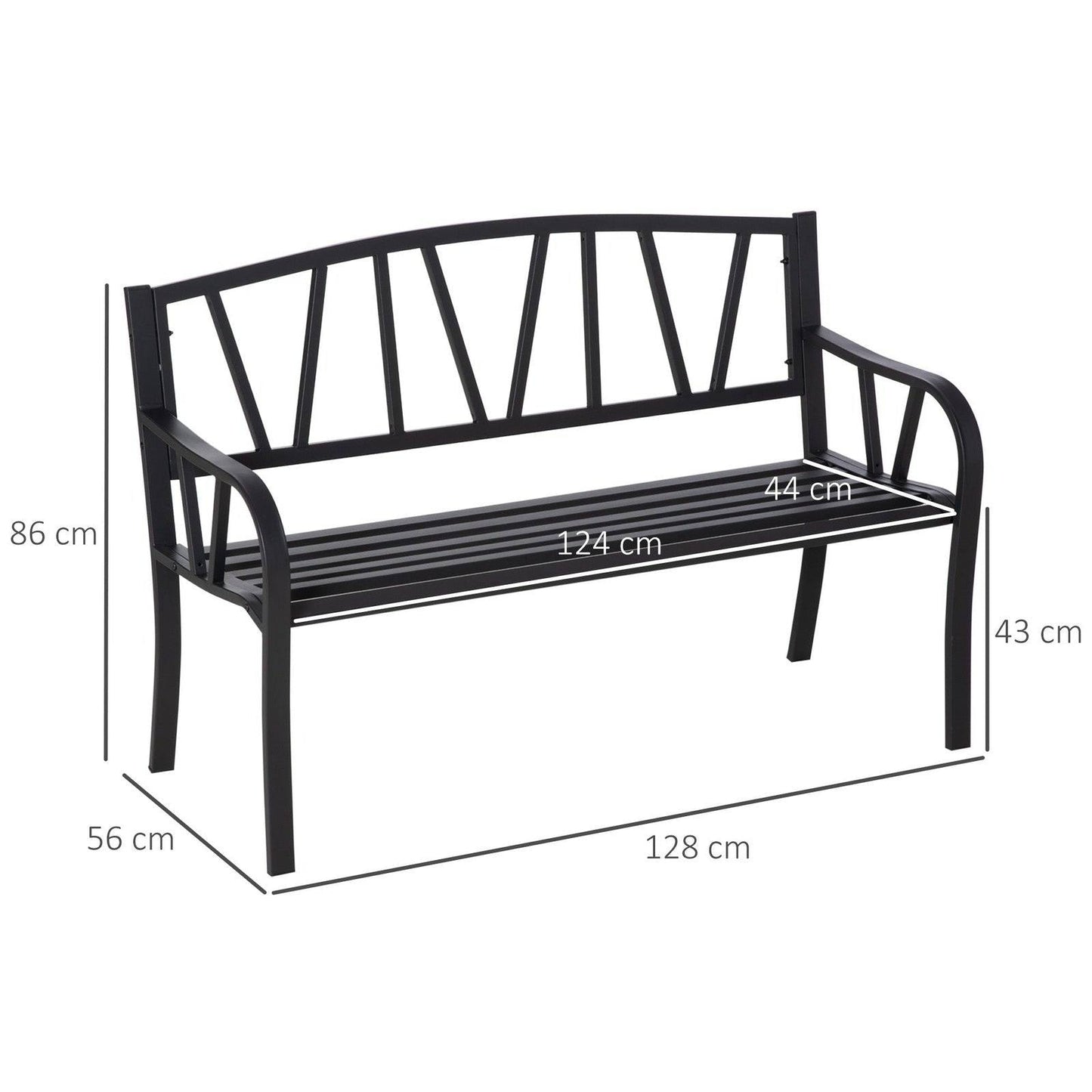 2 Seater Garden Bench Metal Loveseat w/ Decorative Backrest Ergonomic Armrest