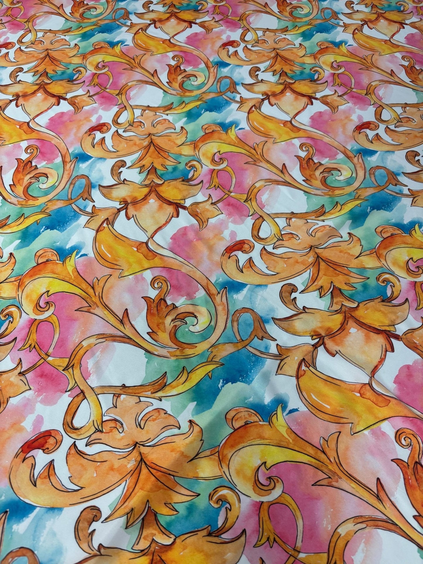 Watercolour Baroque Print Satin Fabric by the Metre