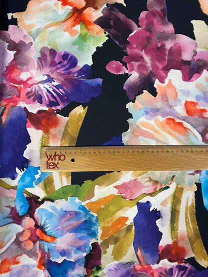 Watercolour Floral Crepe Fabric by the Metre – Black with Colourful Flowers
