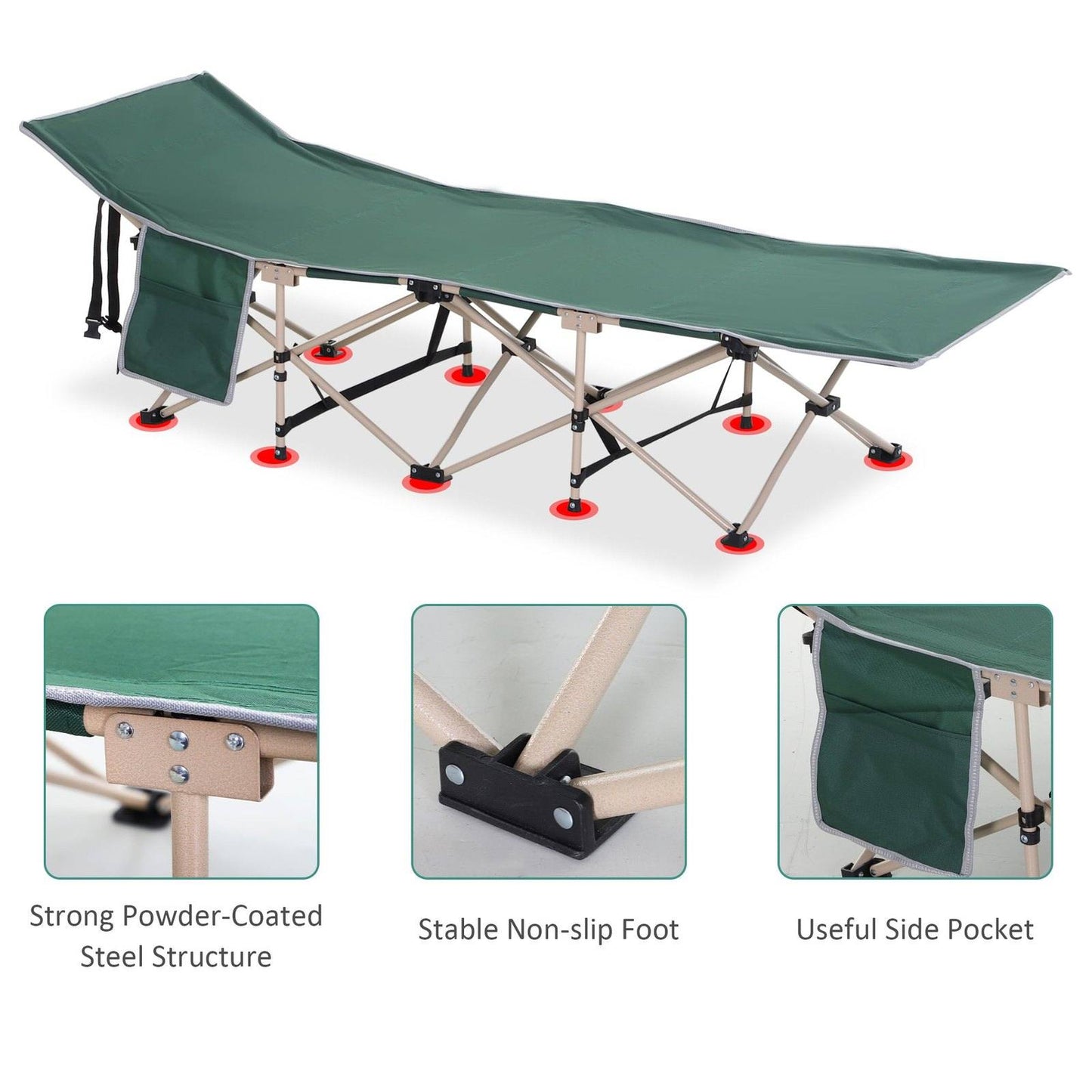 Single Person Camping Bed Folding Cot Outdoor Patio Portable Military Sleeping Bed Travel Guest Leisure Fishing with Side Pocket and Carry Bag - Green