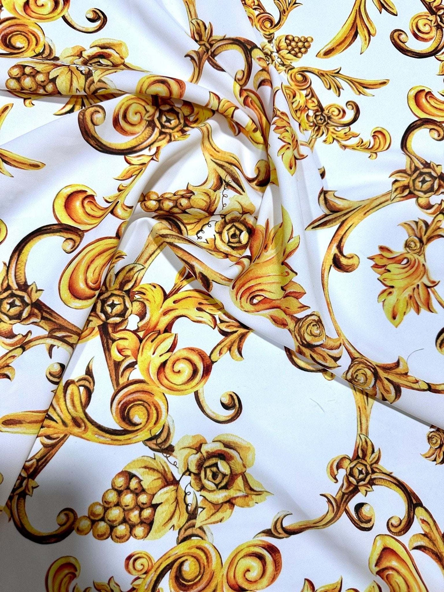 White and Gold Baroque Print Fabric – Available in Satin, Crepe, Spandex & Chiffon | By Metre