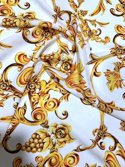 White and Gold Baroque Print Fabric – Available in Satin, Crepe, Spandex & Chiffon | By Metre