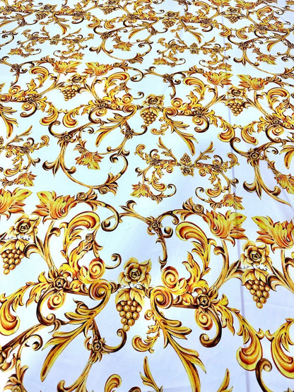 White and Gold Baroque Print Fabric