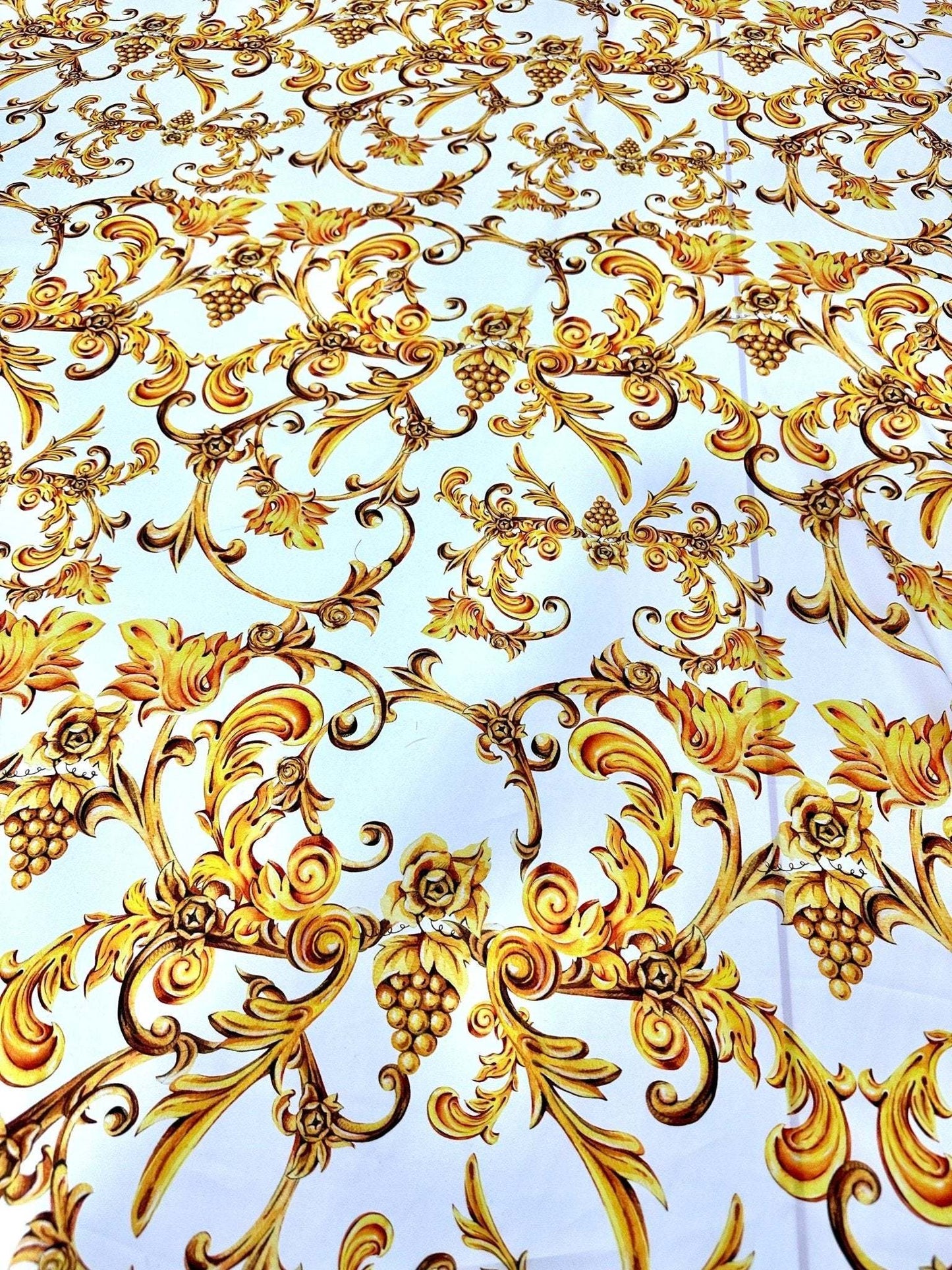 White and Gold Baroque Print Fabric – Available in Satin, Crepe, Spandex & Chiffon | By Metre
