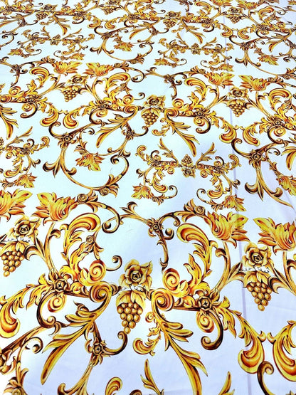 White and Gold Baroque Print Fabric – Available in Satin, Crepe, Spandex & Chiffon | By Metre