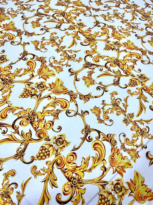 White and Gold Baroque Print Fabric