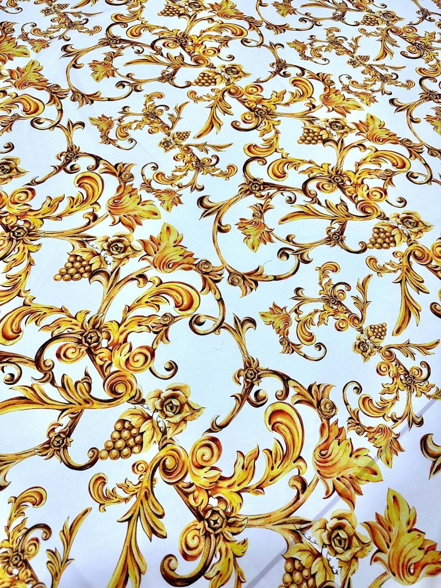 White and Gold Baroque Print Fabric – Available in Satin, Crepe, Spandex & Chiffon | By Metre