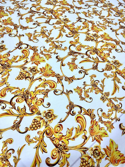 White and Gold Baroque Print Fabric – Available in Satin, Crepe, Spandex & Chiffon | By Metre