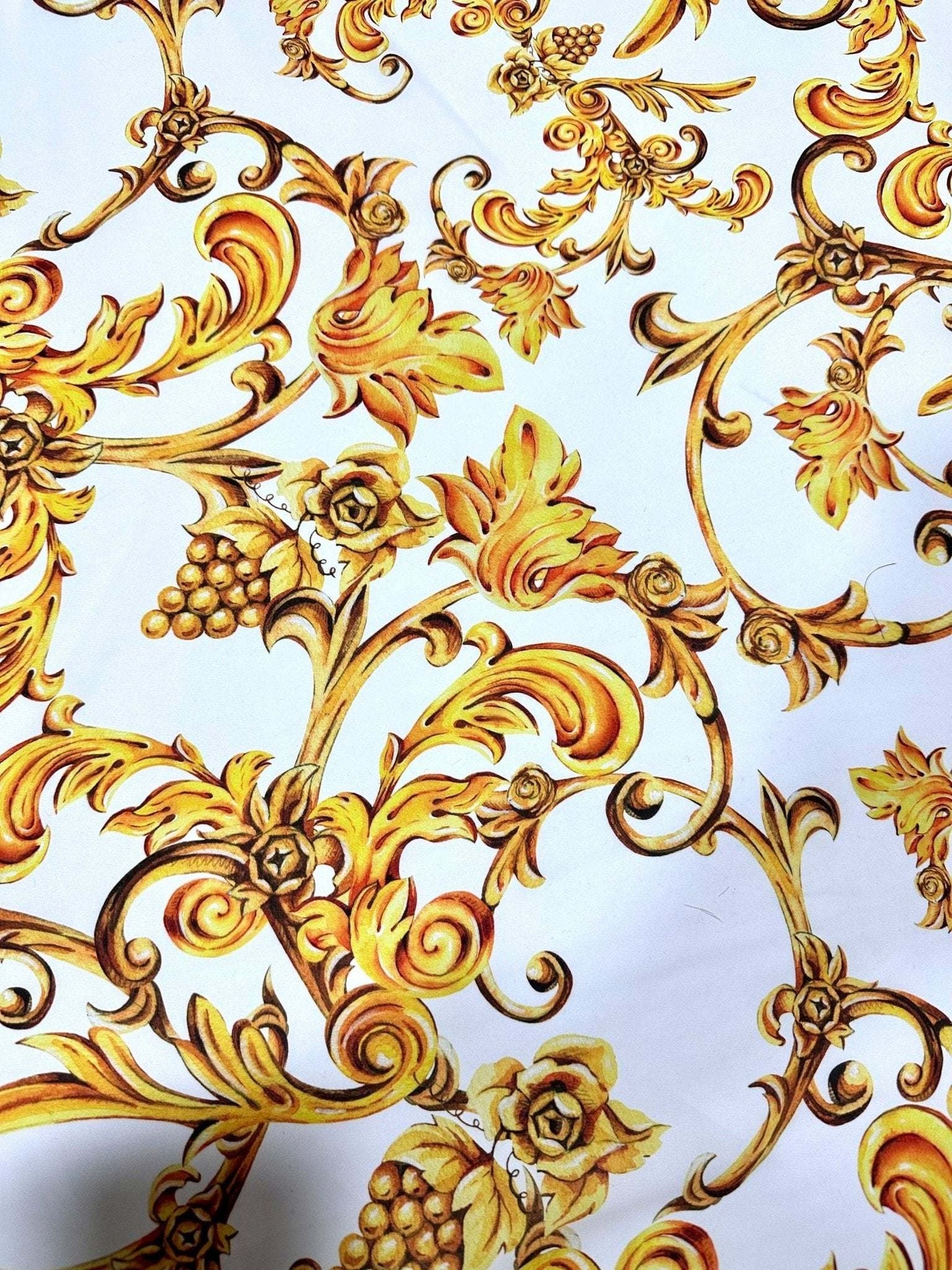 White and Gold Baroque Print Fabric – Available in Satin, Crepe, Spandex & Chiffon | By Metre