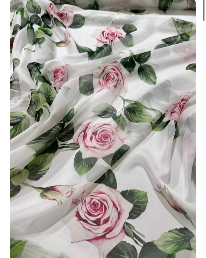 White Chiffon Fabric with Pink Rose Print – Flowing & Soft