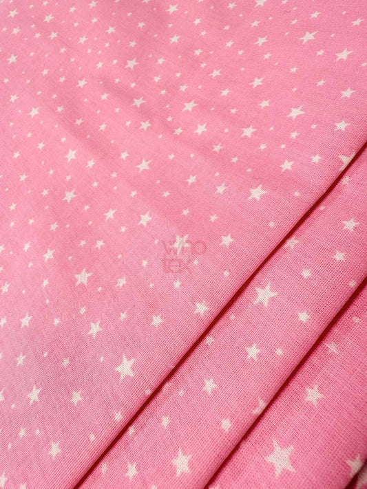 White Stars Pink Poplin Fabric, Full Cotton Fabric By The Yard