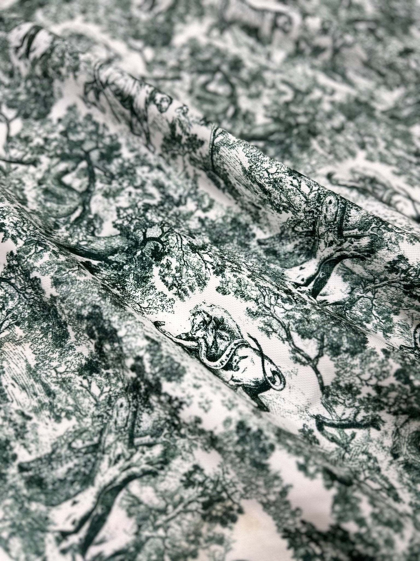 Green Wild Forest Animal Print Fabric – Custom Printed Fabric on Satin, Crepe, Spandex or Chiffon