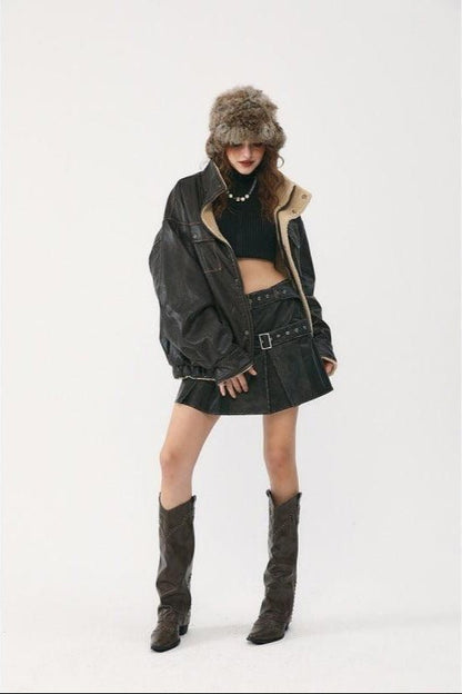 Winter Coat PU Leather Coat with Lamb Wool Lining