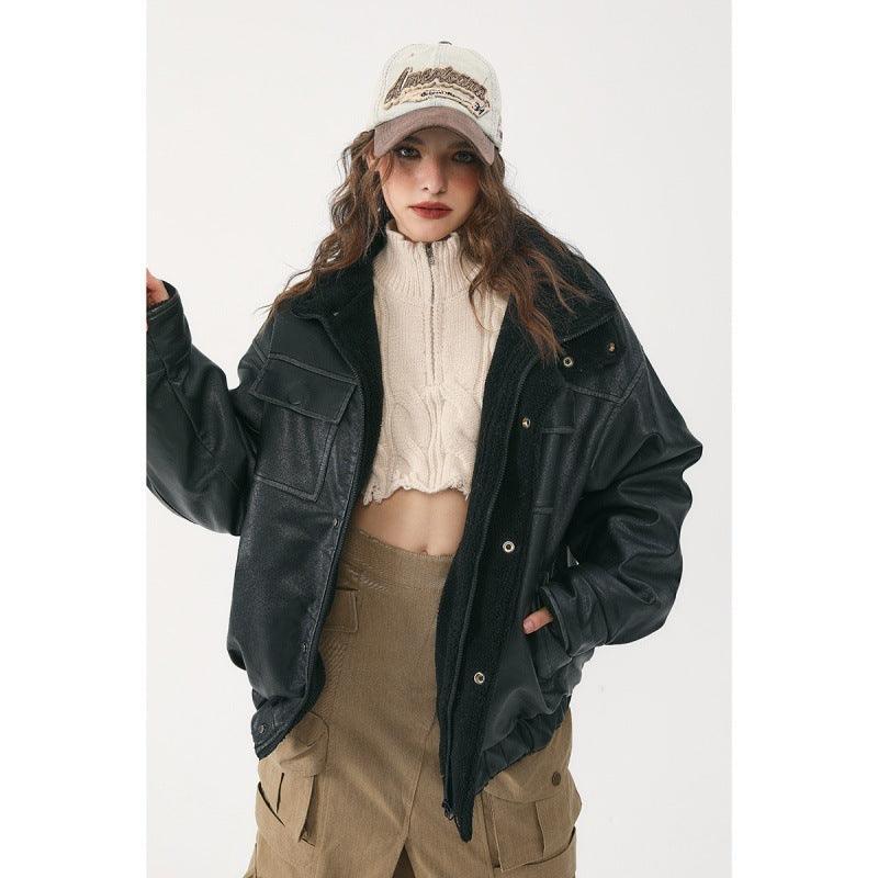 Winter Coat PU Leather Coat with Lamb Wool Lining