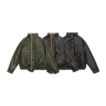 Winter Coat PU Leather Coat with Lamb Wool Lining