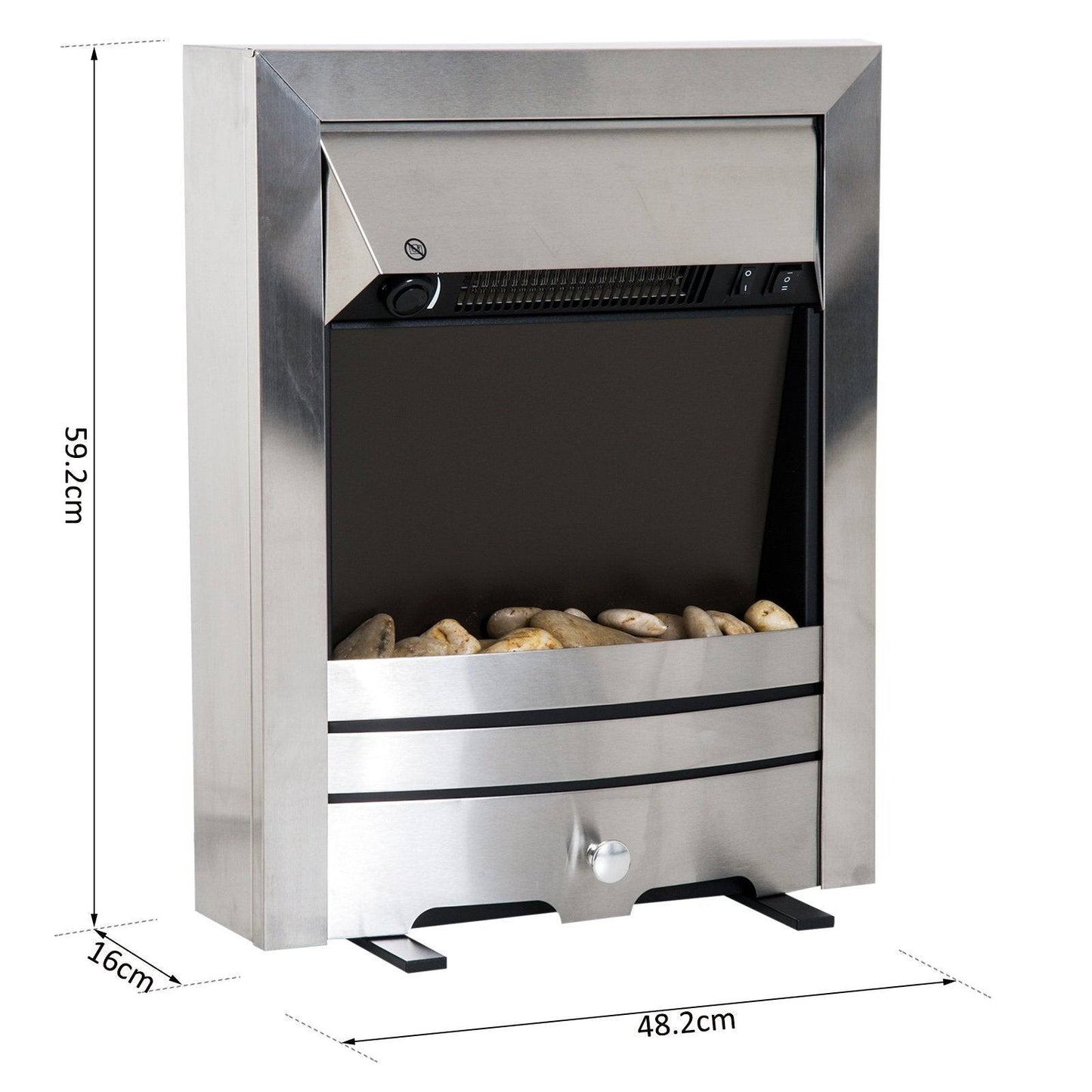 2KW Stainless Steel Electric Fireplace Pebble Burning Effect Heater Fire Flame Indoor Stove LED Lighting