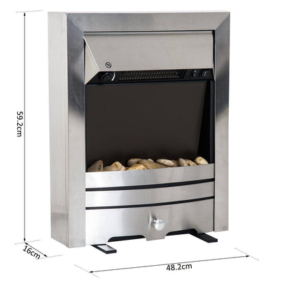 2KW Stainless Steel Electric Fireplace Pebble Burning Effect Heater Fire Flame Indoor Stove LED Lighting