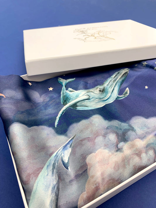 Blue Silk Pillowcase in hand painted 'Wonderous' print, Standard size Oxford Pillowcase