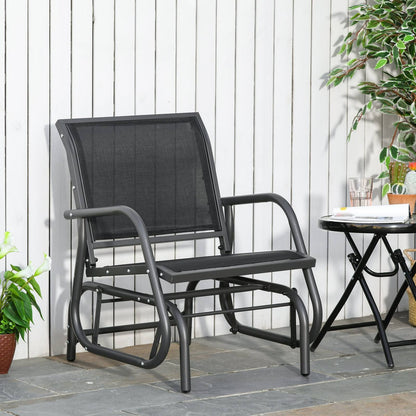 Outdoor Gliding Swing Chair Garden Seat w/ Mesh Seat Curved Back Steel Frame Armrests Comfortable Lounge Furniture Dark Grey Black