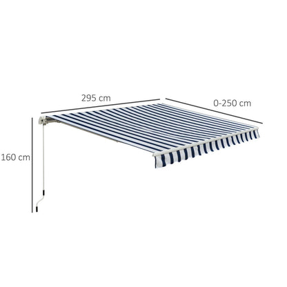 Outsunny Manual Retractable Awning 3X2.5 M-Blue/White Stripes