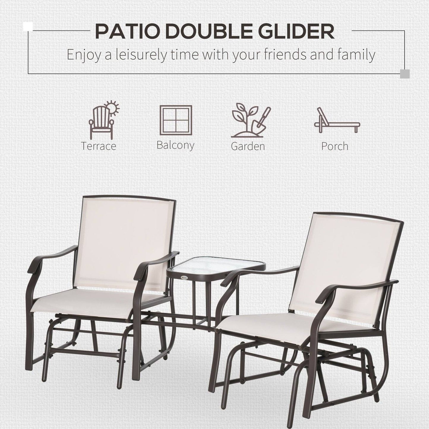 Garden Double Glider Rocking Chairs Metal Gliding Love Seat with Middle Table Conversation Set Patio Backyard Relax Outdoor Furniture Beige