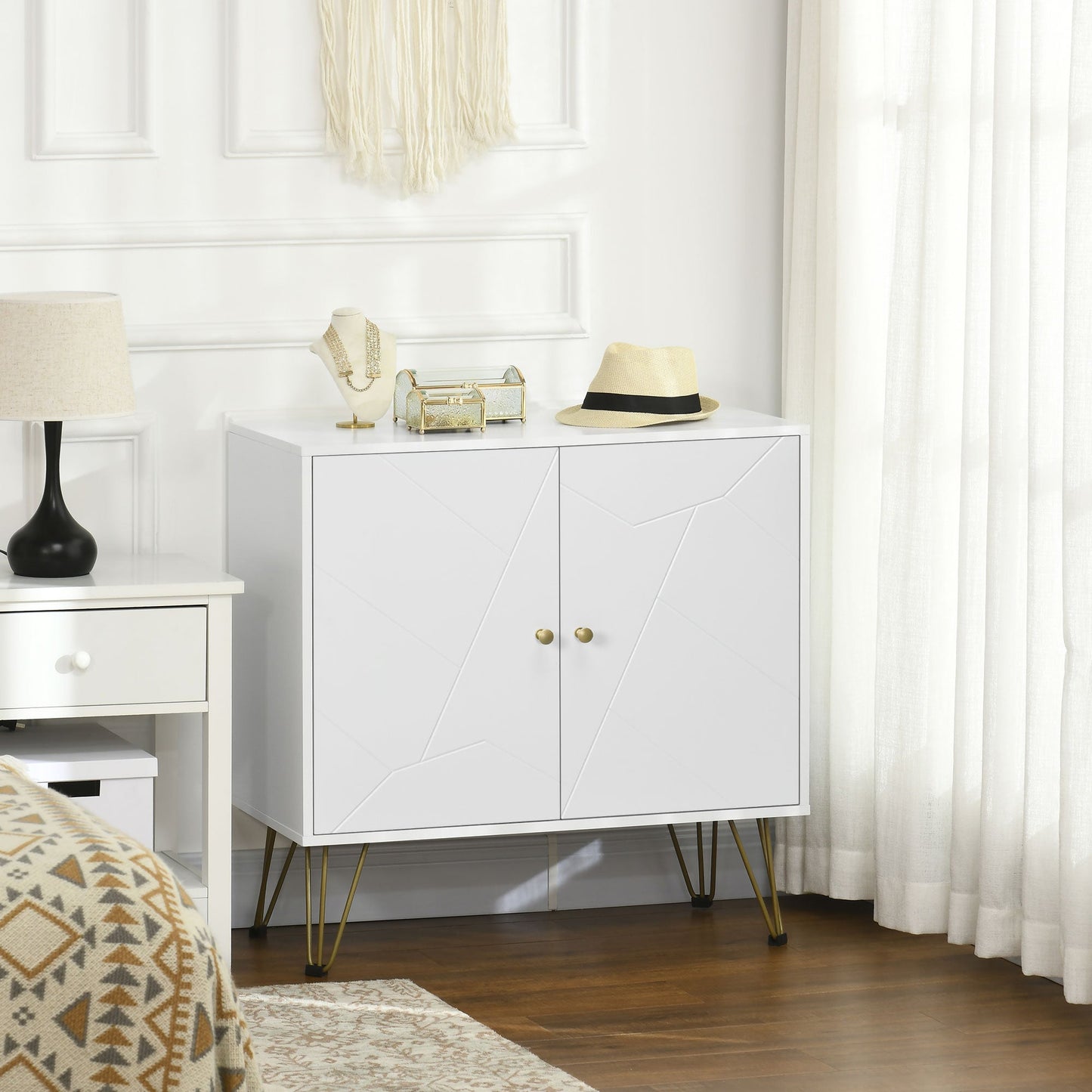 Storage Cabinet Slim Sideboard with Golden Hairpin Legs Adjustable Shelves for Living Room Dining Room Hallway White