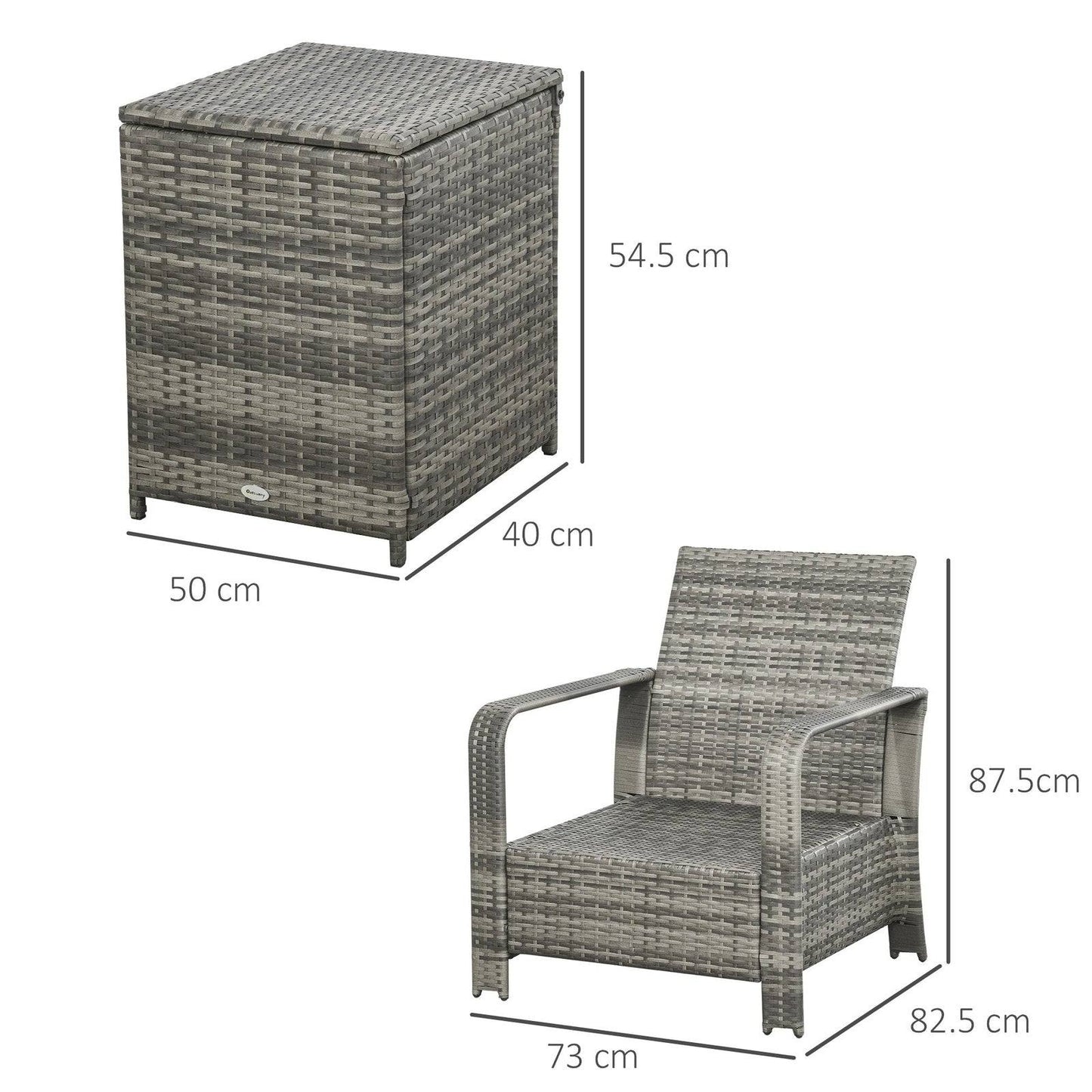 3-Piece PE Rattan Wicker Garden Furniture Patio Bistro Set Weave Conservatory Sofa Storage Table and Chairs Set Blue Cushion Grey Wicker
